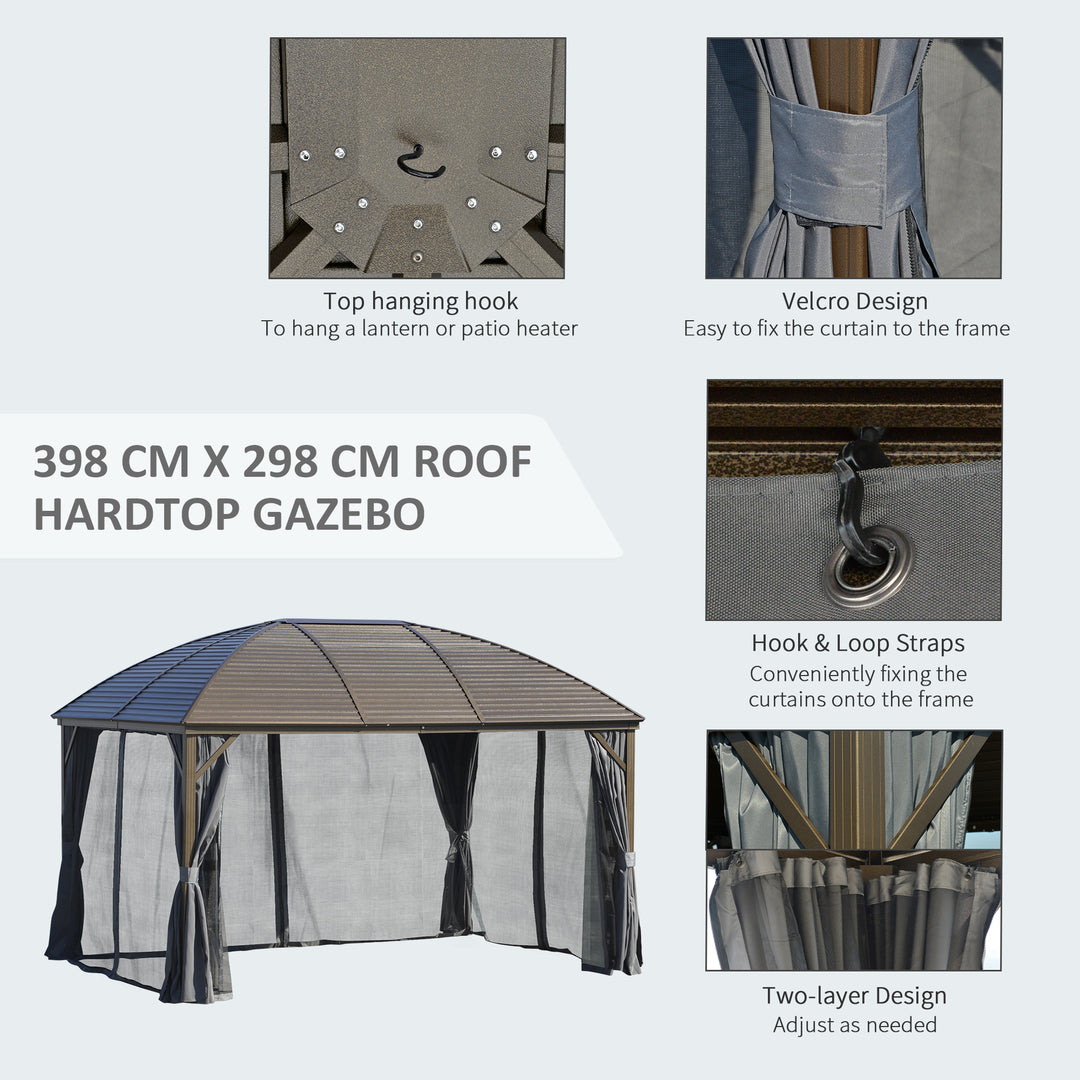 Outsunny 4 x 3(m) Patio Aluminium Gazebo Hardtop Metal Roof Canopy Party Tent Garden Outdoor Shelter with Mesh Curtains &amp; Side Walls, Dark Grey