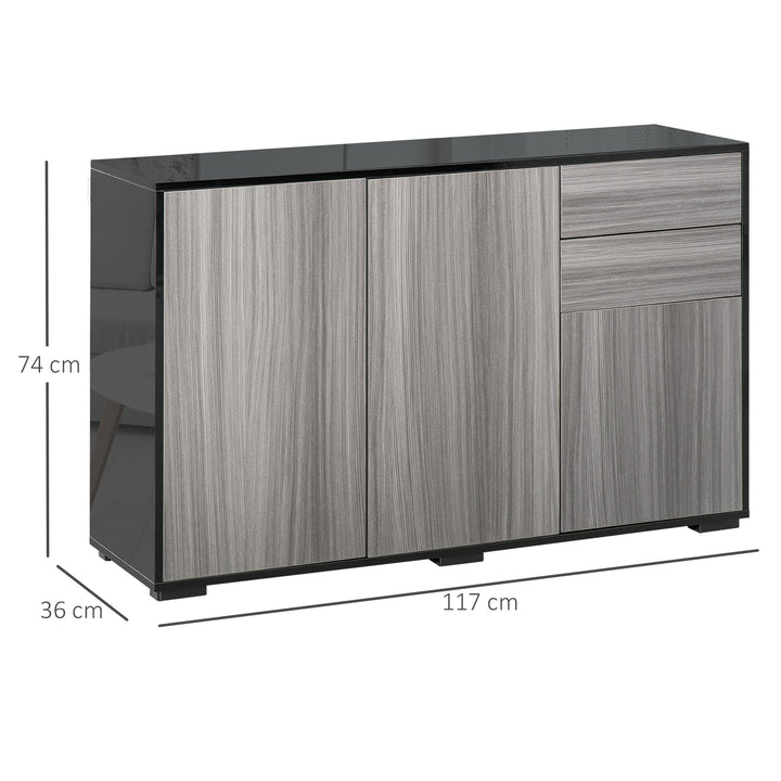 High Gloss Sideboard, Side Cabinet, Push-Open Design with 2 Drawer for Living Room, Bedroom, Light Grey and Black