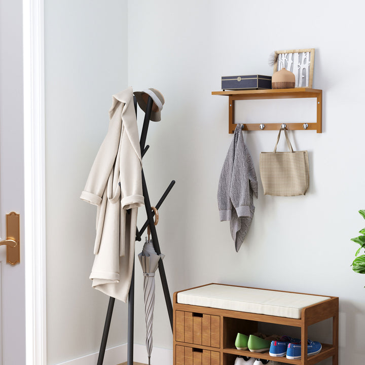 Wall Mounted Coat Clothes Hat Hanger 4 Hooks Rack Stand with Rail & Storage Shelf for Hallway Entryway Bedroom Bathroom