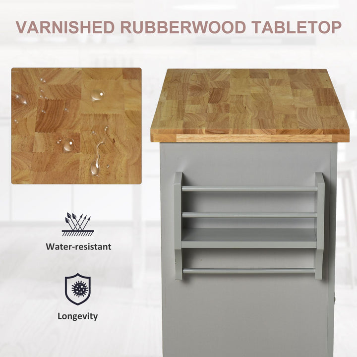 Rolling Kitchen Island Storage Trolley with Rubber Wood Top & Drawers for Dining Room, Grey