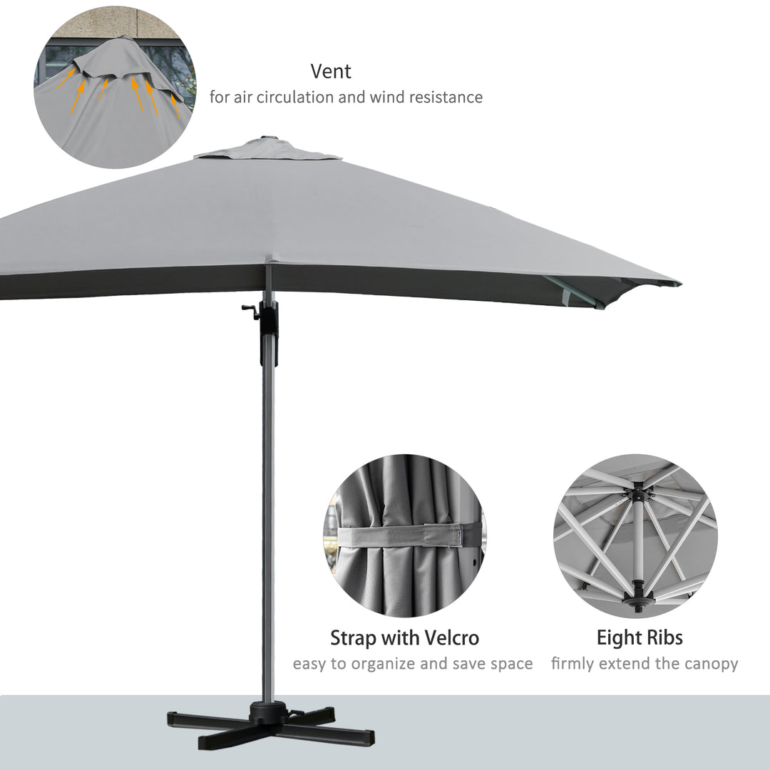 3 x 3(m) Square Cantilever Roma Parasol Garden Sun Umbrella Canopy Sun Shade Aluminium 360° Rotating &amp; Cross Base, Light Grey Outdoor