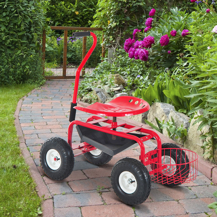 Outsunny Adjustable Rolling Garden Cart Outdoor Garden Planting Station Trolley Swivel Gardener Work Seat Heavy Duty w/ Tool Tray &amp; Basket Red 150kg