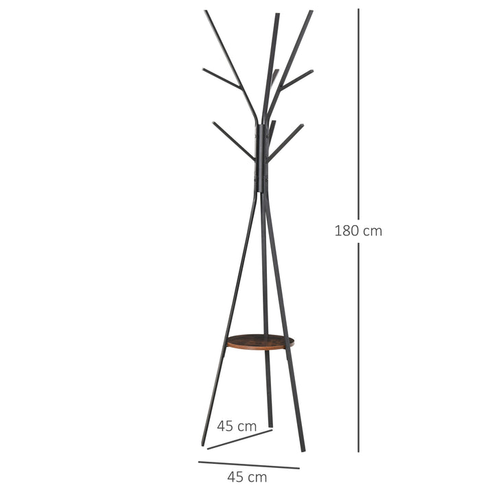 HOMCOM 180cm Free Standing Metal Coat Rack Stand 9 Hooks Clothes Tree with 1 Shelf Hat Display Hall Tree Hanger Bag Umbrella Hanging Organiser, Brown