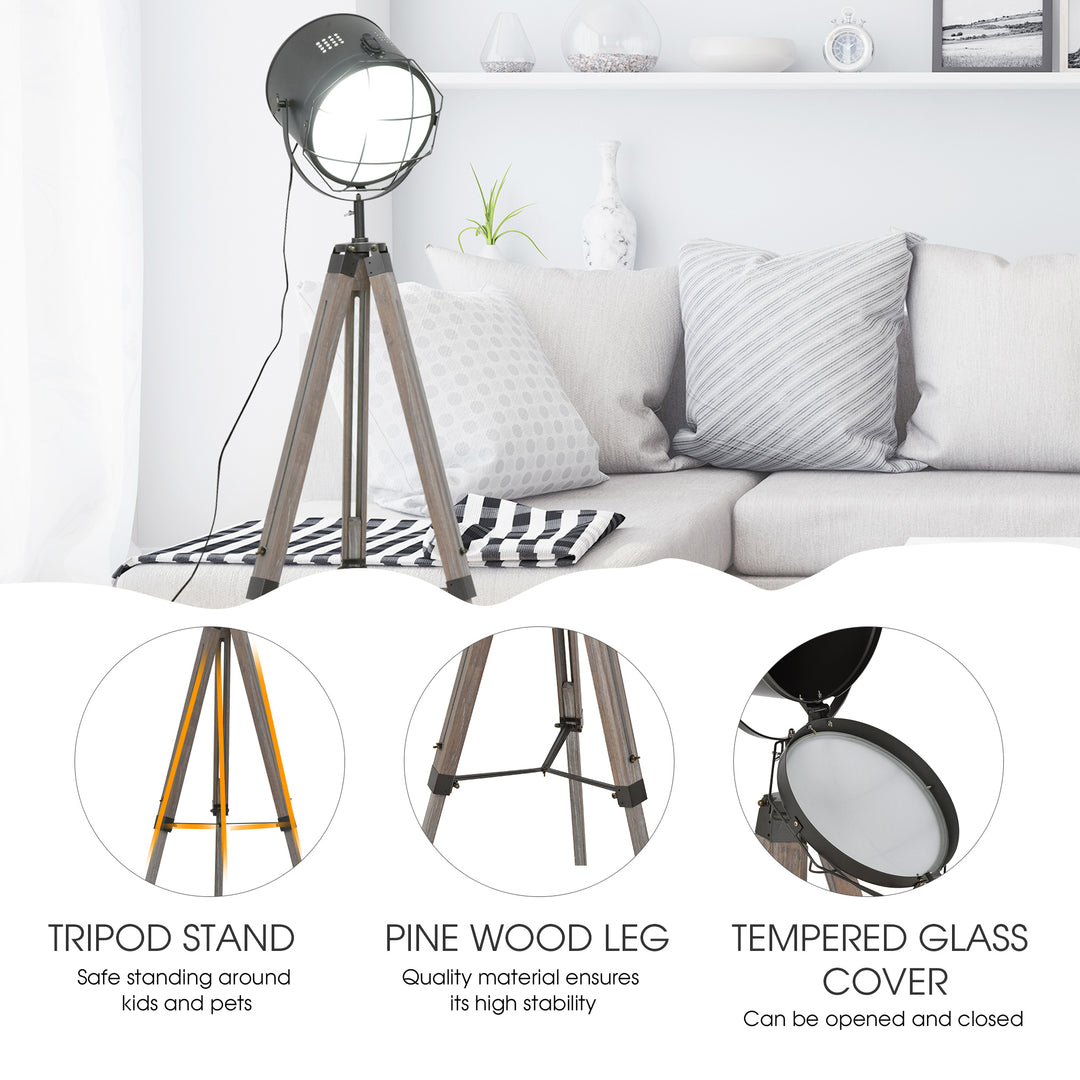 Industrial Style Tripod Floor Lamp for Living Room Bedroom, Vintage Spotlight Reading Lamp with Wooden Legs E27 Base