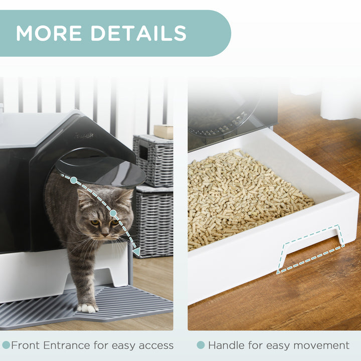 Hooded Cat Litter Tray with Scoop, Cat Litter Box with Drawer Pan, Handle, Deodorants, Hut Design, Front Entrance, 47 x 45 x 42 cm, Grey