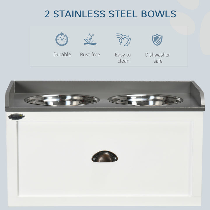 PawHut Stainless Steel Raised Dog Bowls with 21L Storage Drawer for Large Dogs and Cats - White