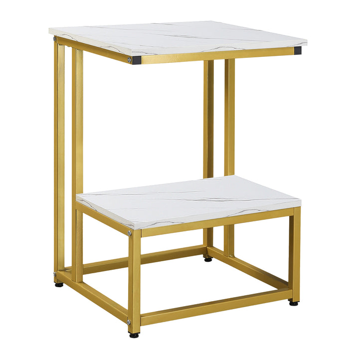 Side Table, Double Layer End Table, Modern Coffee Table with Steel Frame and Adjustable Non-Slip Feet for Living room, Bedroom, White