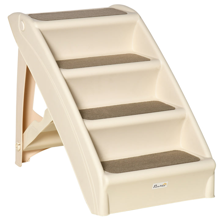 PawHut Foldable Pet Stairs, 4-Step for Cats Small Dogs with Non-slip Mats, 62 x 38 x 49.5 cm, Beige