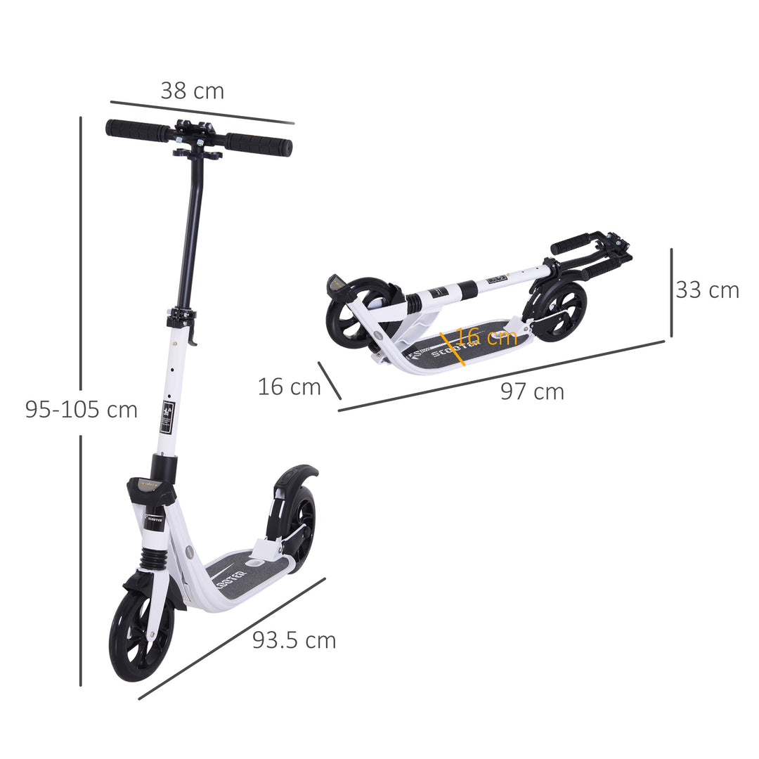 Folding Kick Scooter Hight-Adjustable Urban Scooter w/ Rear Brake, Double Shock Absorption System & 2 Big Wheels, For 14+ Teens Adult, White