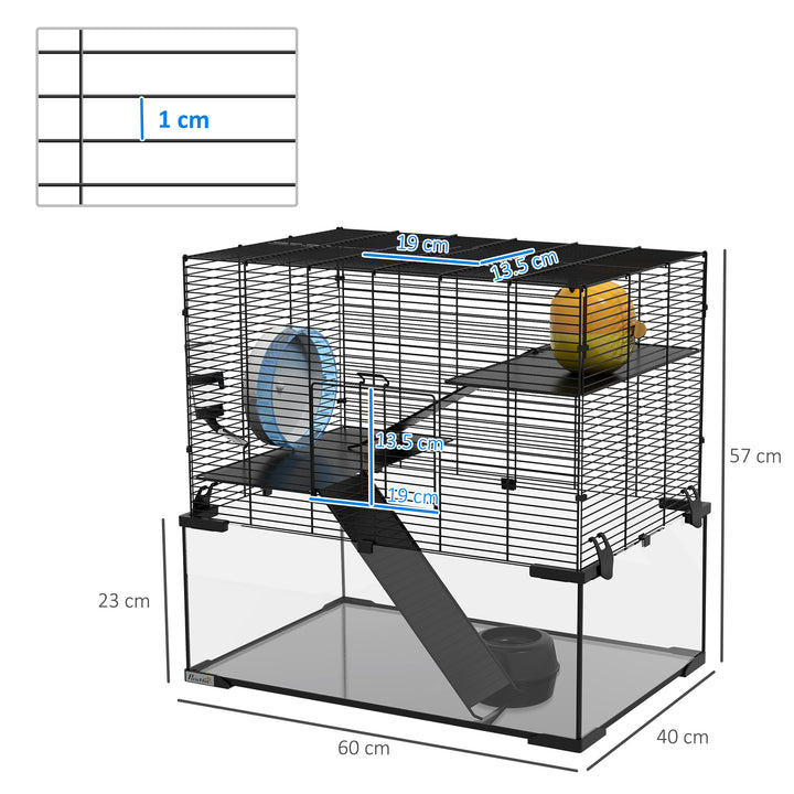 3 Tiers Hamster Cage, Gerbil Cage with Deep Glass Bottom, Non-Slip Ramps, Platforms, Hut Exercise Wheels Water Bottle for Syrian Dwarf Hamster