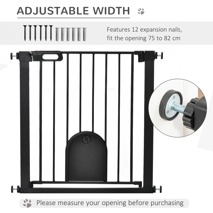 75-82 cm Pet Safety Gate Barrier, Stair Pressure Fit, w/ Small Door, Auto Close, Double Locking, for Doorways, Hallways, Black