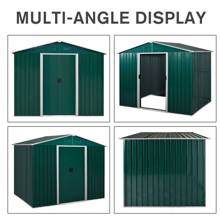 Outsunny 8 x 6 ft Metal Garden Storage Shed Corrugated Steel Roofed Tool Box with Ventilation and Sliding Doors, Green