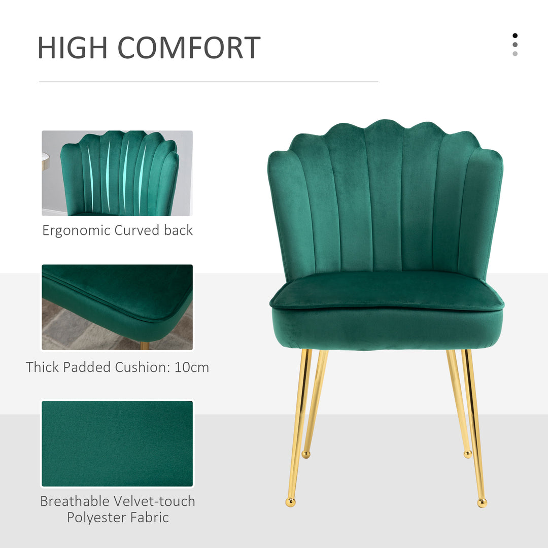 HOMCOM Velvet-Feel Shell Luxe Accent Chair, Glam Vanity Chair Makeup Seat, Home Bedroom Lounge with Metal Legs Comfort Padding, Green