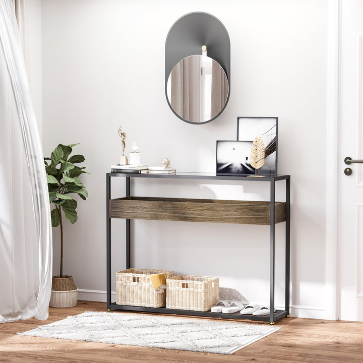 HOMCOM Industrial Style Console Table Sofa Table with Tempered Glass Top and Steel Frame for Living Room Hallway Entrance
