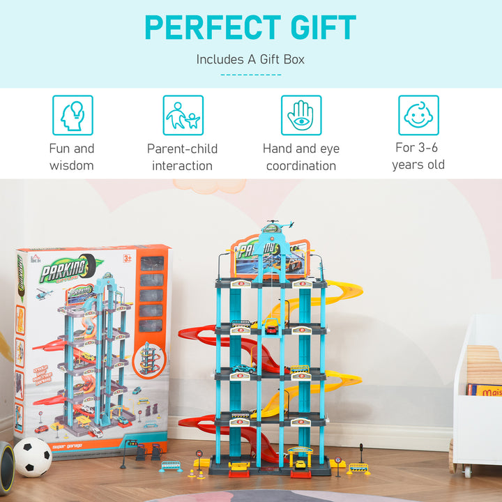5-Level Car Parking Garage Toy Race Tracks Car Ramp Set Toddler Car Games w/ Cars &amp; Helicopter Elevator Gas Station Car Repair Station