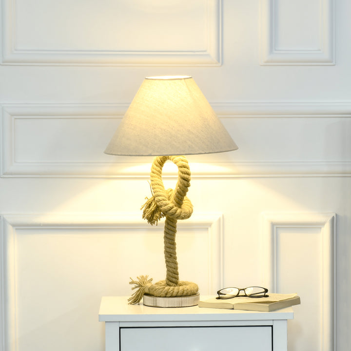HOMCOM Nautical Style Table Lamp with Fabric Lampshade, Twisted Rope Bedside Lamp for Bedroom, Study, Living Room, Beige