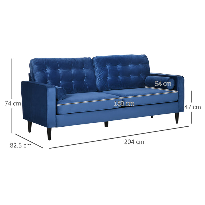 Mid-Century 3-Seater Sofa, 204 cm Sofa Couch with Button-Tufted Back Cushion, Velvet Feel Fabric Upholstery for Living Room, Bedroom Blue