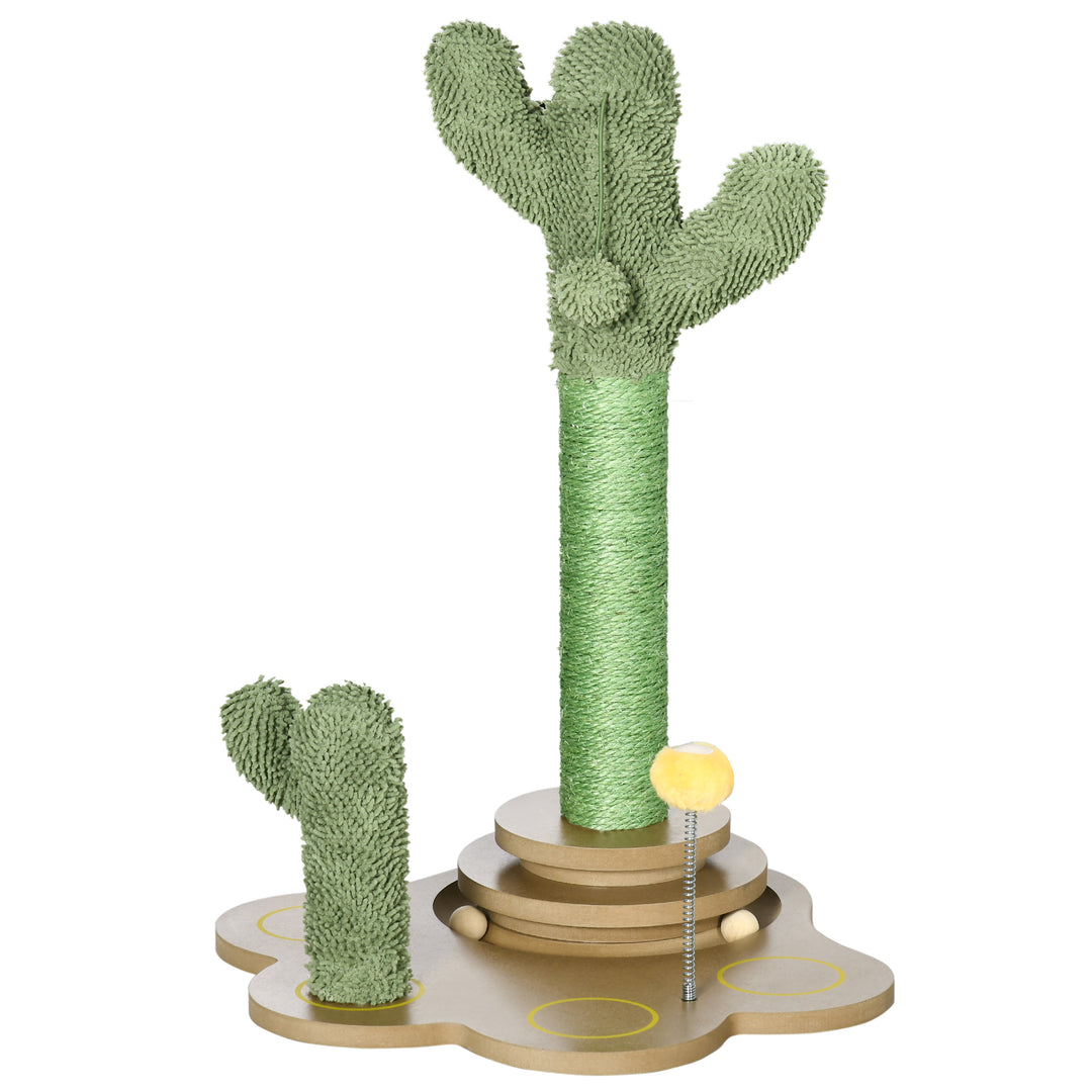PawHut 60cm Cactus-shaped Cat Tree, Kitty Activity Center with Turntable Interactive Ball Toys, Chenille Cat Tower with Sisal Scratching Post, Green