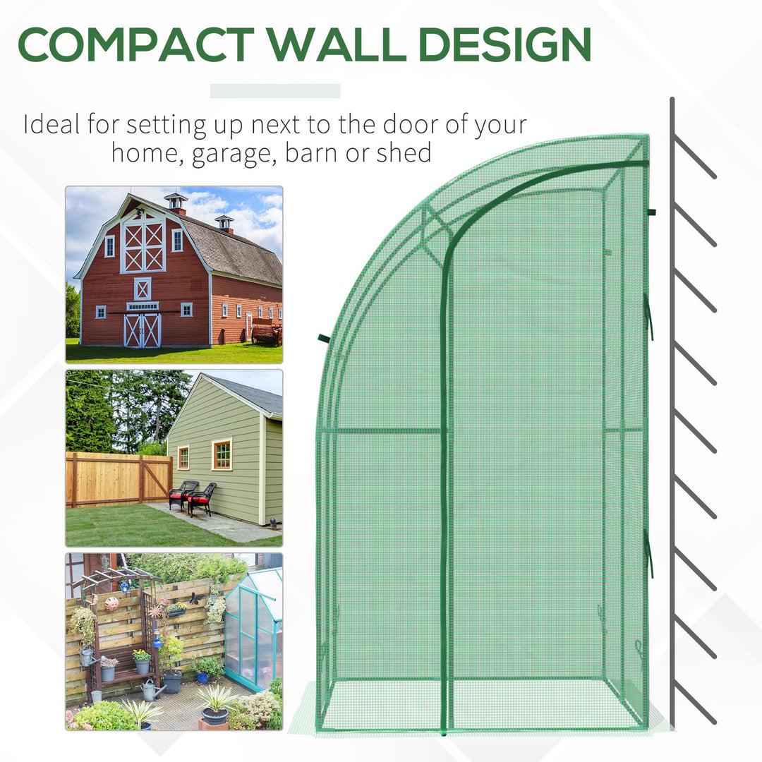 Outsunny Walk-In Greenhouse Lean to Wall Tunnel Greenhouse with Zippered Roll Up Door PE Cover and Steel Frame for Garden, 143 x 118 x 212 cm