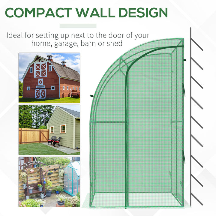 Outsunny Walk-In Greenhouse Lean to Wall Tunnel Greenhouse with Zippered Roll Up Door PE Cover and Steel Frame for Garden, 143 x 118 x 212 cm