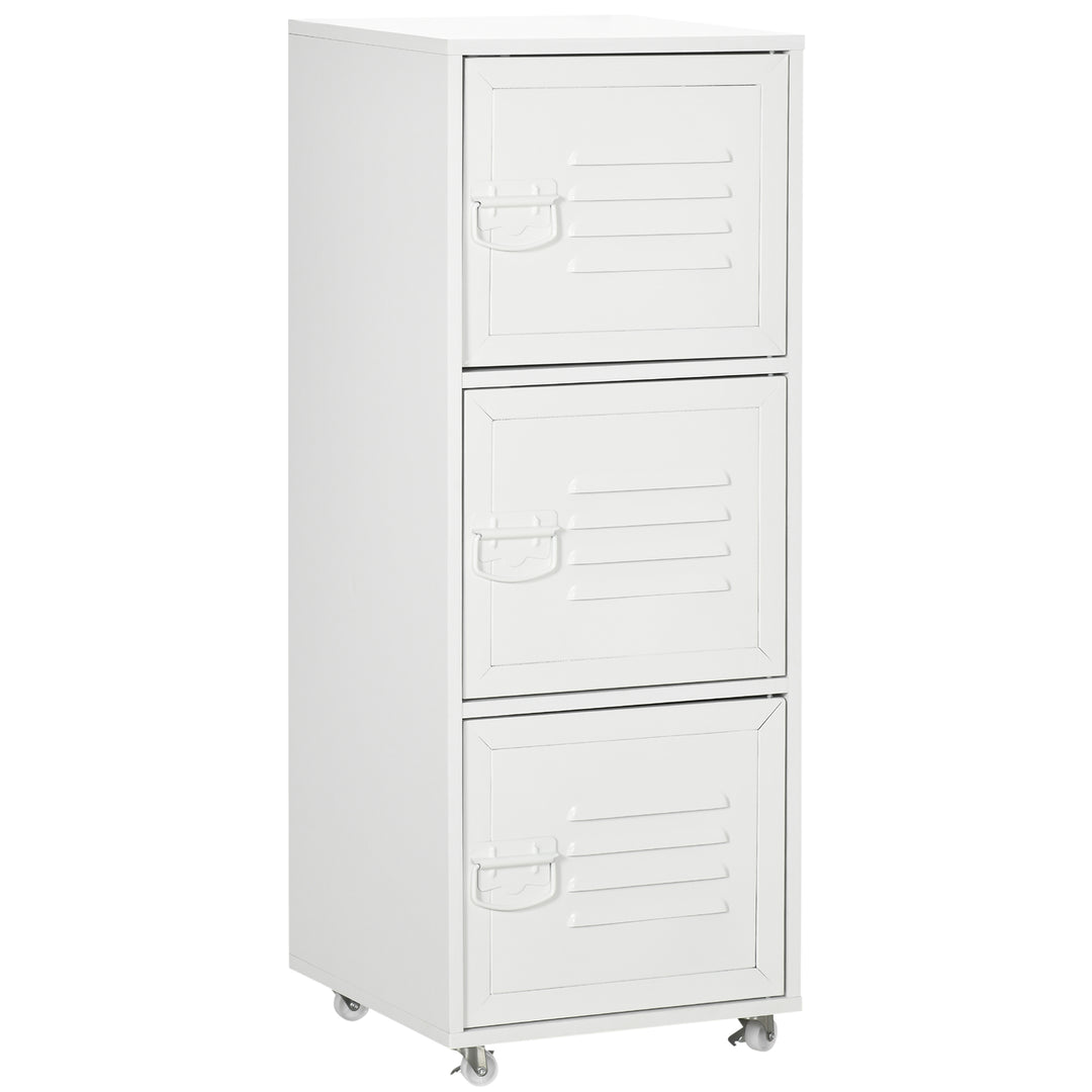 HOMCOM Rolling Storage Cabinet 3-Tier Mobile File Cabinet with Wheels &amp; Metal Doors for Home Office, Living Room, White