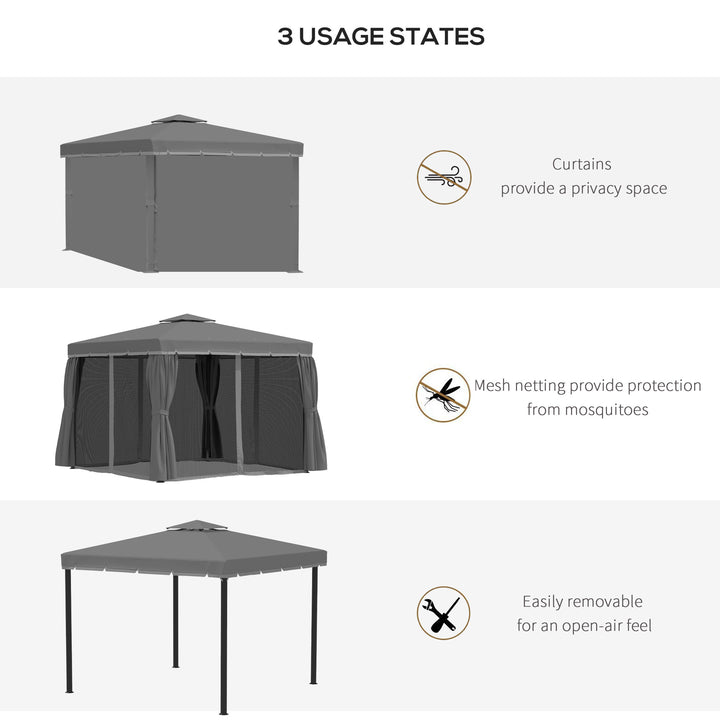 3 x 3(m) Patio Gazebo Canopy Garden Pavilion Tent Shelter Marquee with 2 Tier Water Repellent Roof, Mosquito Netting and Curtains, Dark Grey