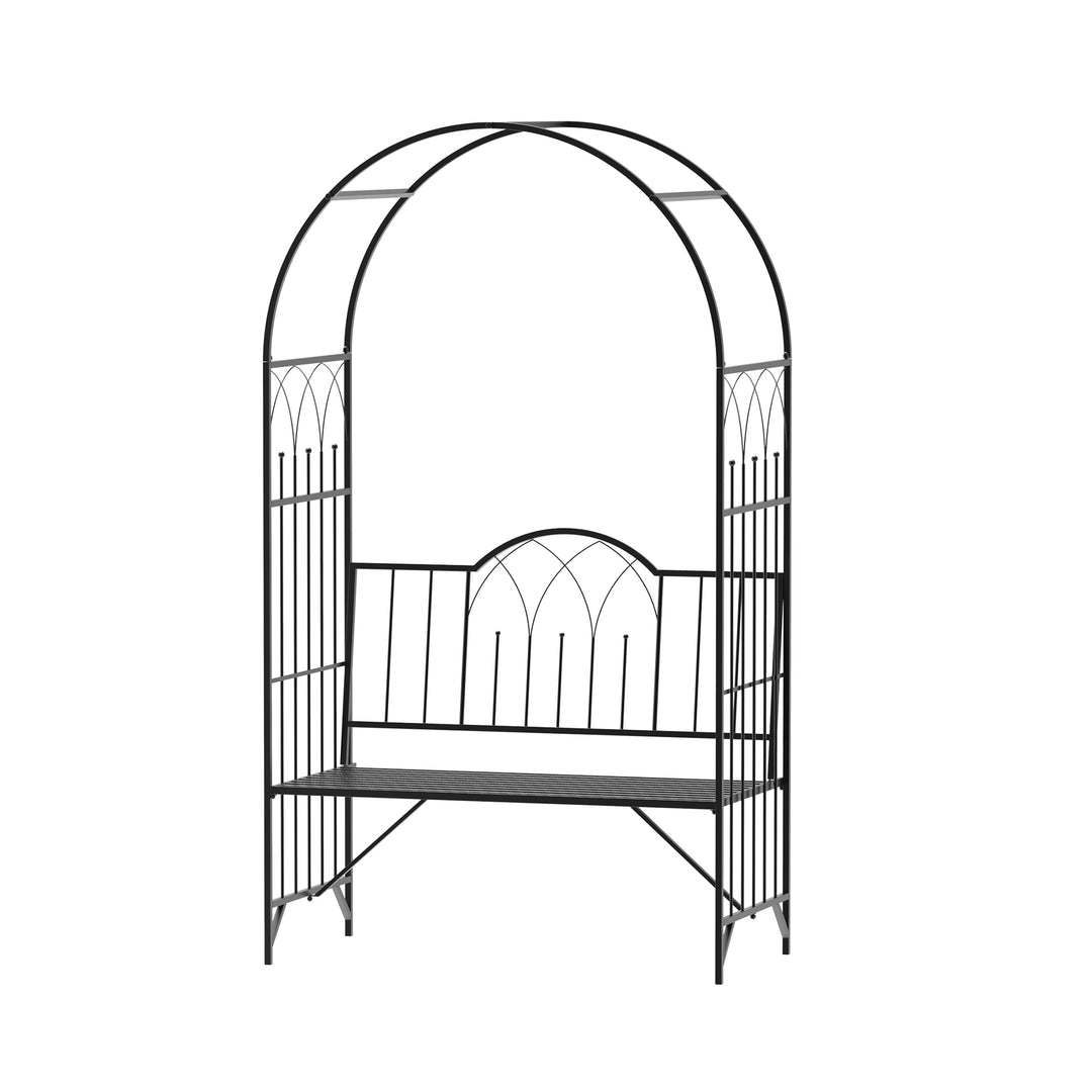 Garden Metal Arch Bench Outdoor Patio Rose Trellis Arbour Pergola for Climbing Plant Antique Style 2-Seater Chair, Black