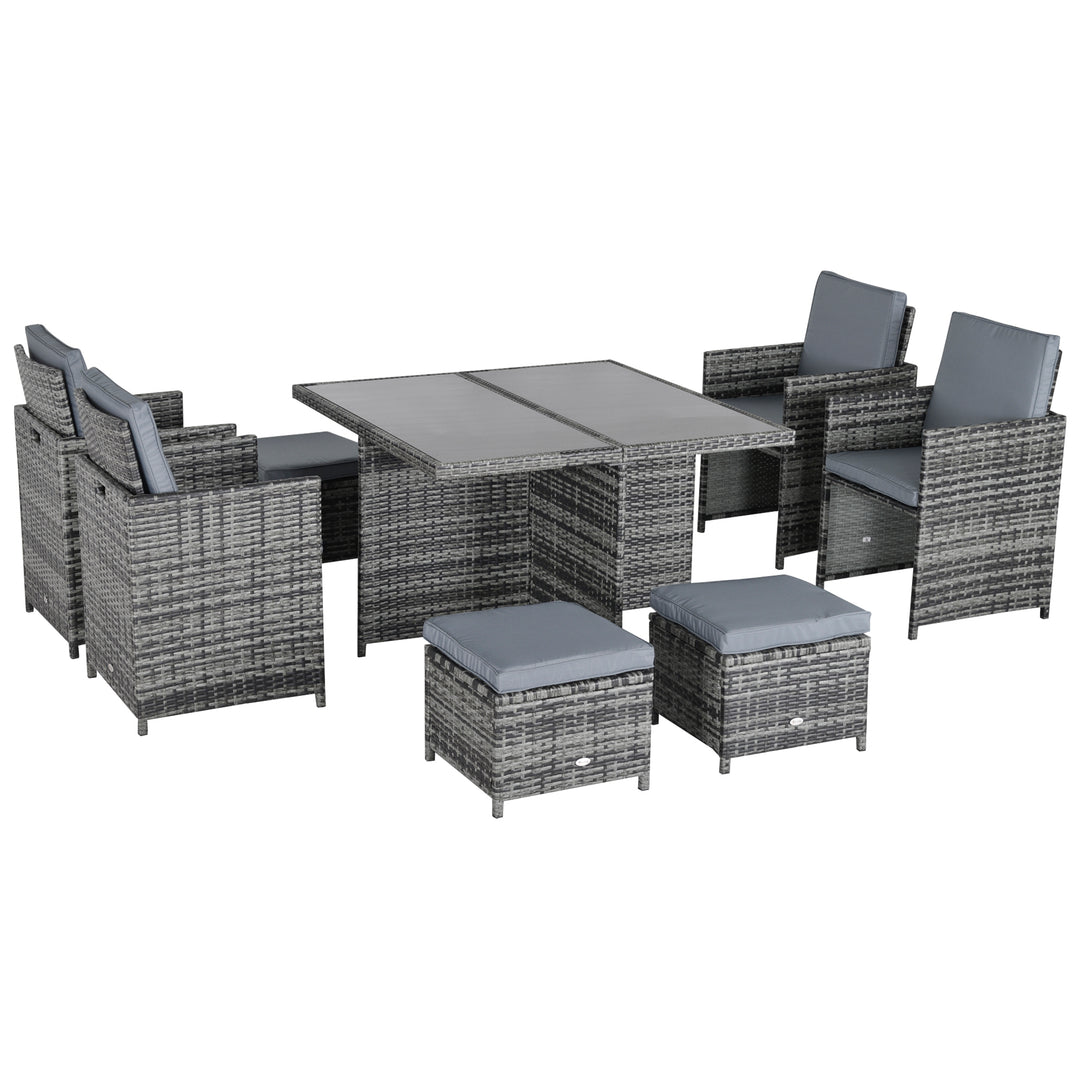 9PC Rattan Dining Set Garden Furniture 8-seater Wicker Outdoor Dining Set Chairs + Footrest + Table Thick Cushion - Grey