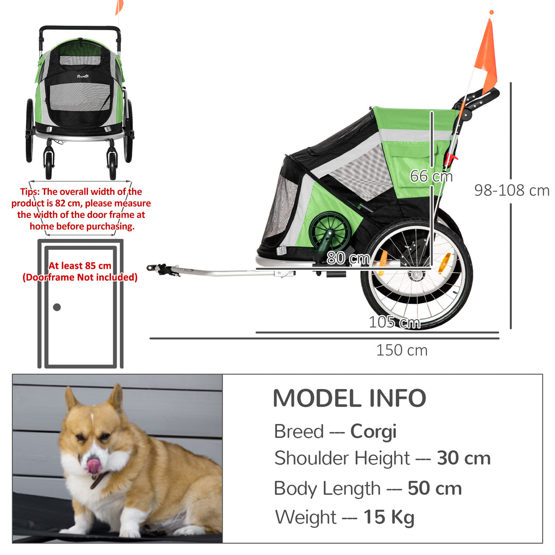 PawHut Dog Bike Trailer 2-in-1 Pet Stroller for Large Dogs Cart Foldable Bicycle Carrier Aluminium Frame with Safety Leash Hitch Coupler Flag Green