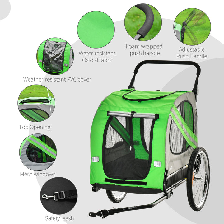 PawHut Dog Bike Trailer 2-in-1 Pet Stroller Cart Bicycle Carrier Attachment for Travel in steel frame with Universal Wheel Reflectors Flag Green