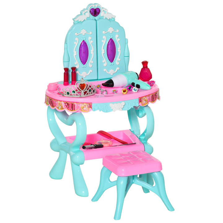 32 PCS Kids Vanity Dressing Table Play Set, Beauty Kit Pretend Toy w/ Magic Glamour Princess Mirror Hair Dryer Make Up Desk Stool, Blue+Pink