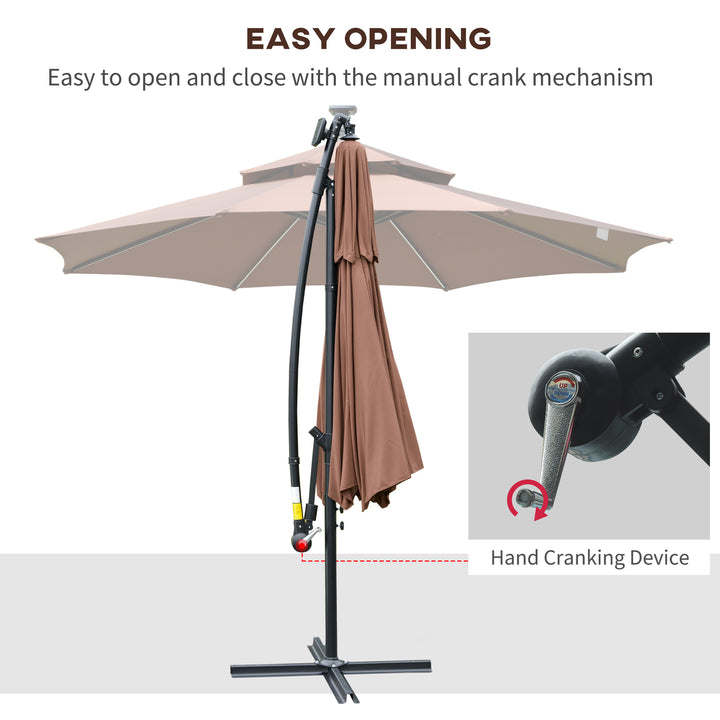 Outsunny 3(m) Cantilever Parasol Banana Hanging Umbrella with Double Roof, LED Solar lights, Crank, 8 Sturdy Ribs and Cross Base for Outdoor, Coffee