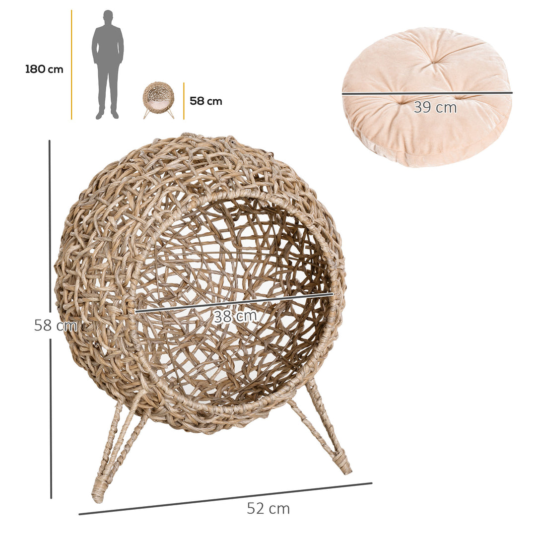 Wicker Cat Bed, Ball-Shaped Rattan Elevated Cat Basket with Three Tripod Legs, Cushion, Natural Wood Finish