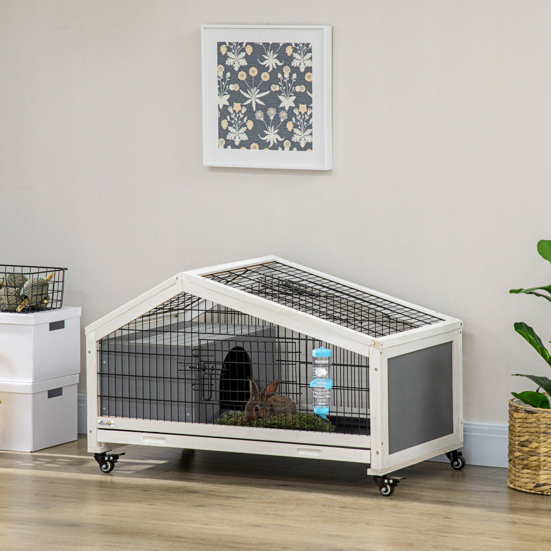 PawHut Rabbit Hutch with Water Bottle, Guinea Pig Cage with Wheels, Bunny Run with Plastic Slide-out Tray, Small Animal House for Indoor, Dark Grey