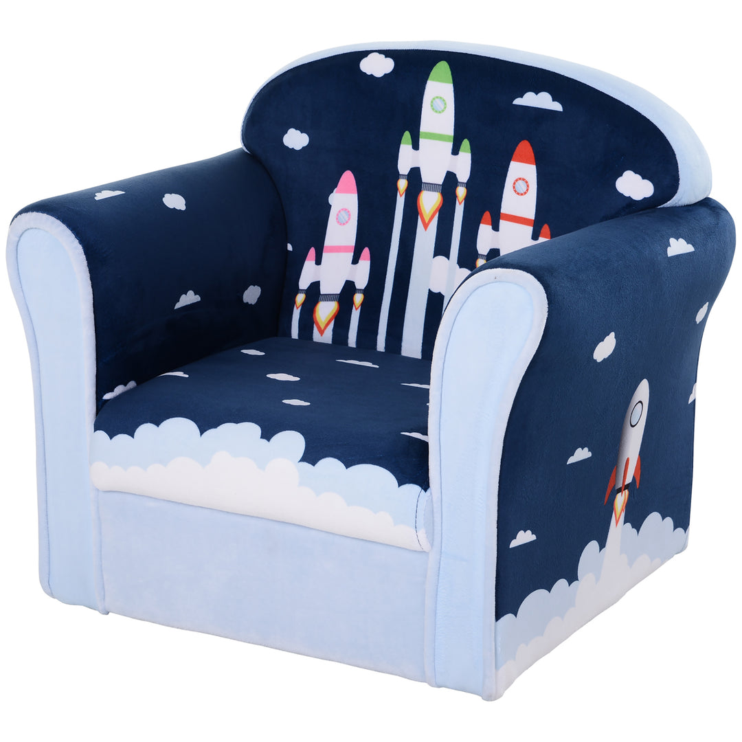 Kids Cartoon Rocket Wooden Frame Single Armchair Sofa Blue