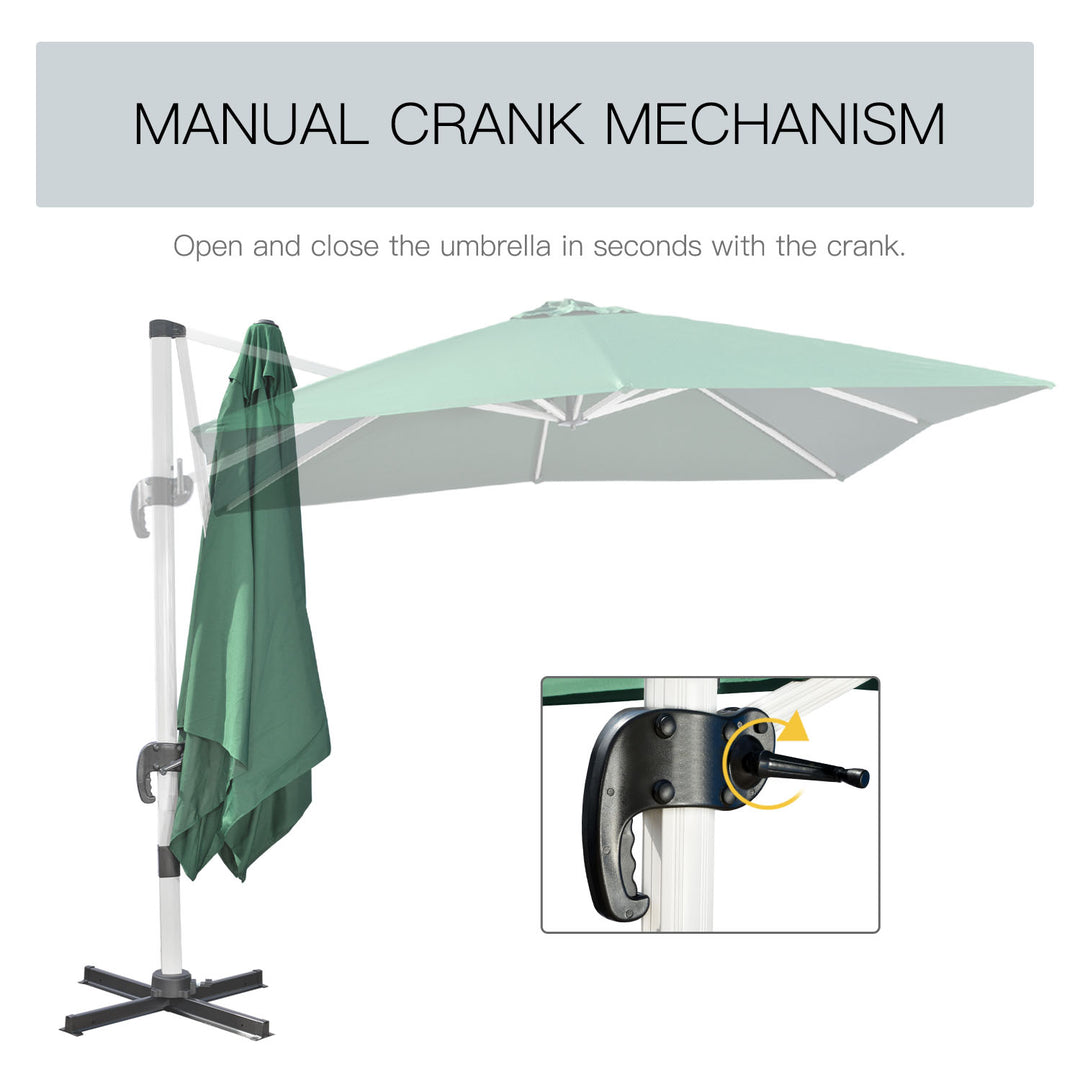 3 x 3(m) Cantilever Parasol, Square Garden Umbrella with Cross Base, Crank Handle, Tilt, 360° Rotation and Aluminium Frame, Green