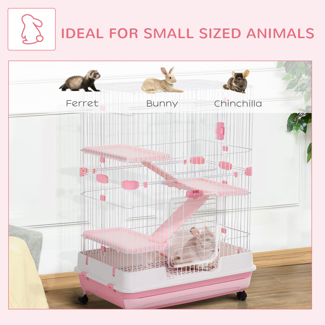 Four-Tier Small Animal Cage, for Bunnies, Ferrets, Chinchillas w/ Wheels, Tray - Pink
