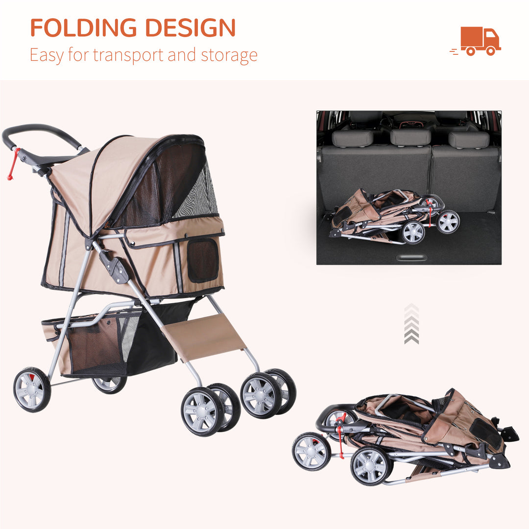 PawHut Dog Stroller with Rain Cover for Small Miniature Dogs, Folding Pet Pram with Cup Holder, Storage Basket, Reflective Strips, Brown