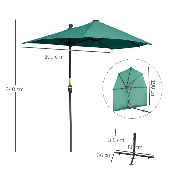 Outsunny 2m Half Parasol Market Umbrella Garden Balcony Parasol with Crank Handle, Cross Base, Double-Sided Canopy, Dark Green