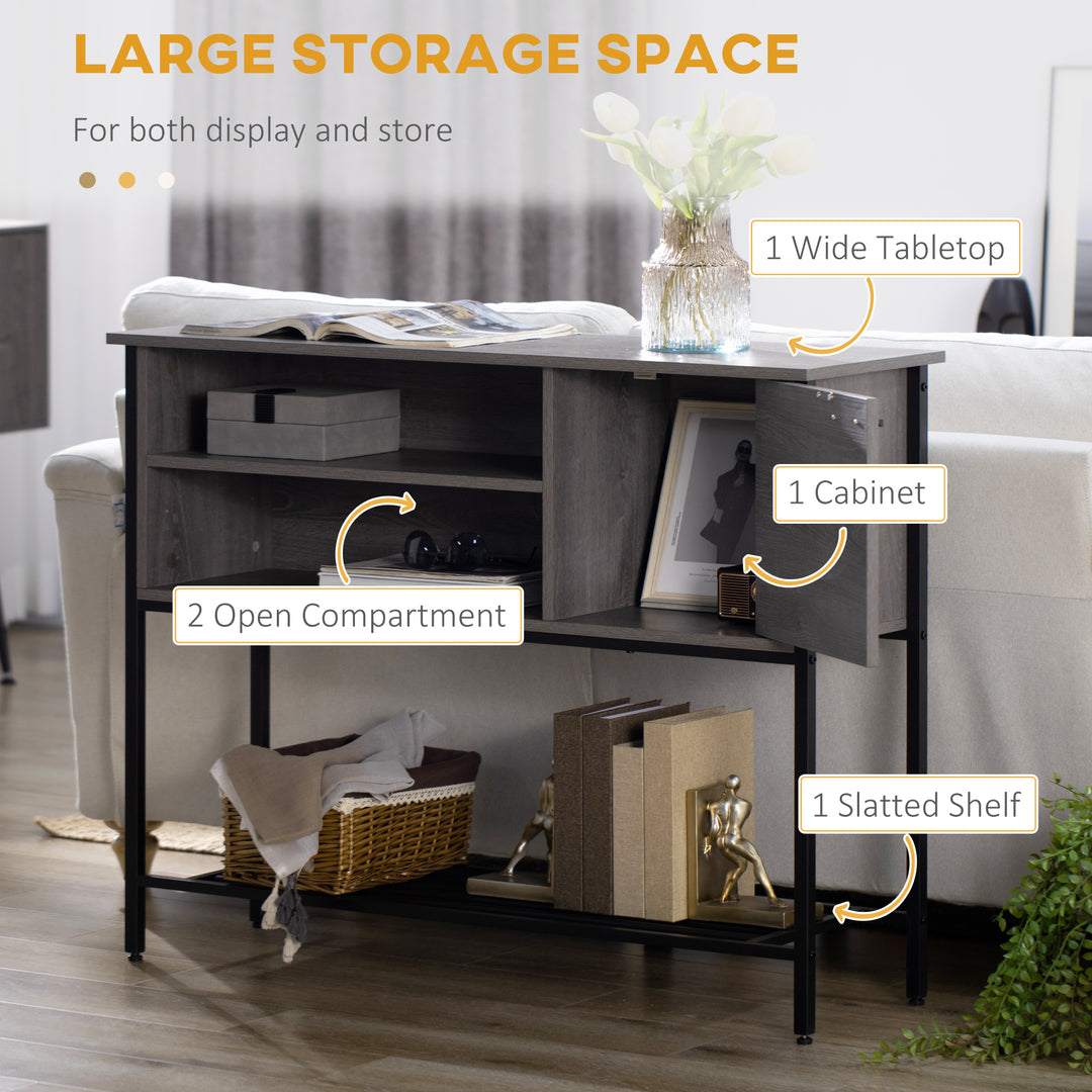 Industrial Console Table, Narrow Hallway Table with Cabinet, Open Compartments and Slatted Shelf for Entryway, Grey