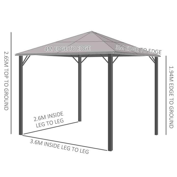 Outsunny 4 x 3(m) Garden Aluminium Gazebo Hardtop Roof Canopy Marquee Party Tent Patio Outdoor Shelter with Mesh Curtains & Side Walls - Grey