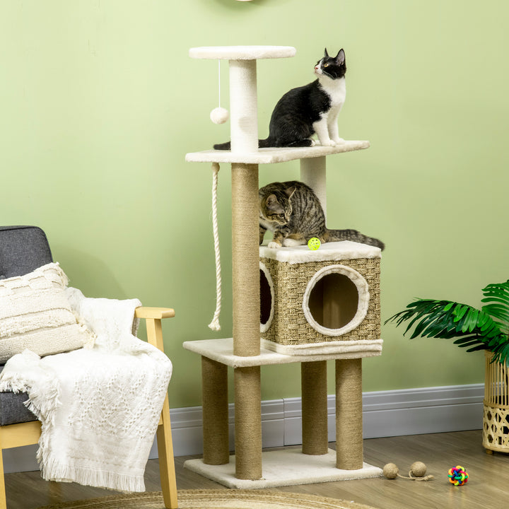 PawHut Cat Tree, Climbing Kitten Cat Tower Activity Center for Indoor Cats with Jute Scratching Post, Condo, Kitten Stand, Hanging Ball Toy, Beige