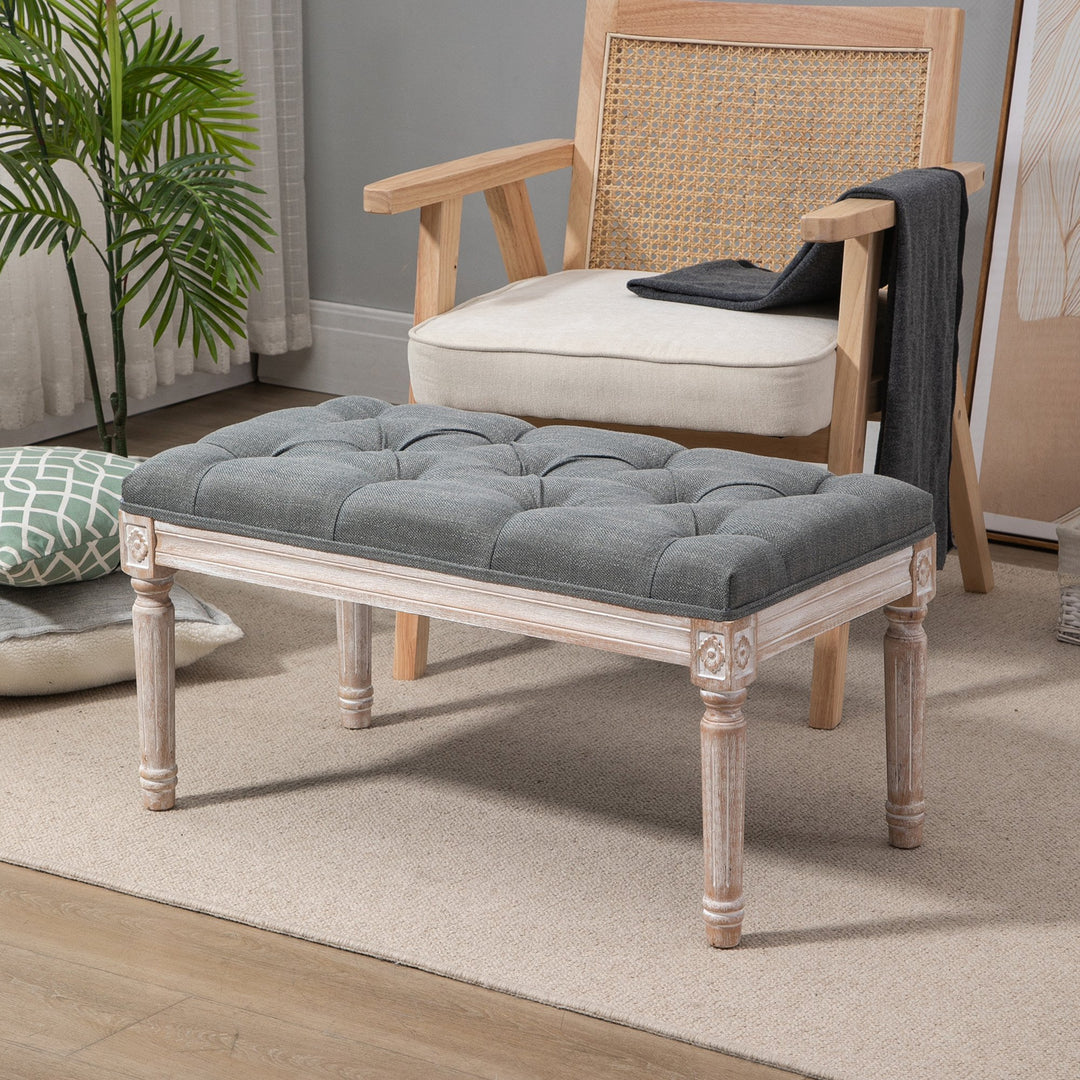 Accent Bench Tufted Upholstered Foot Stool Linen-Touch Fabric Ottoman, Grey