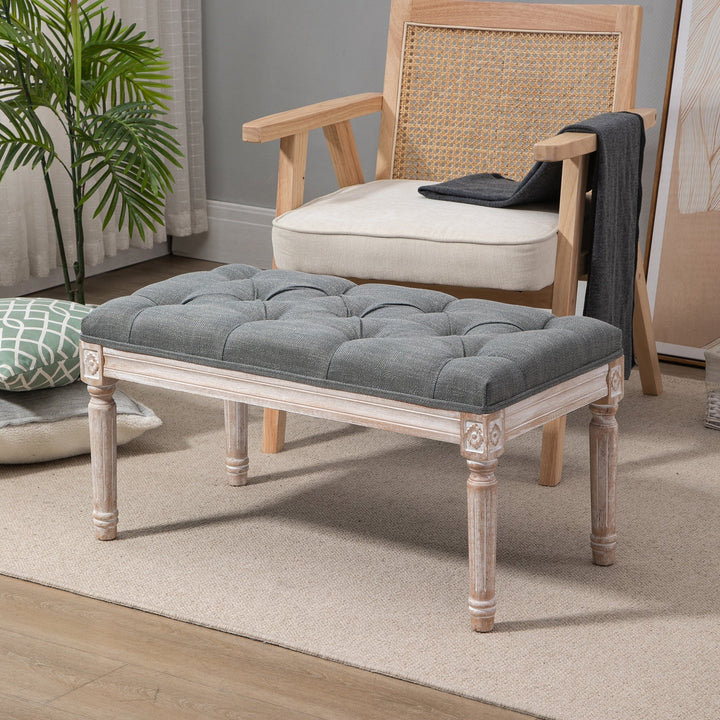 Accent Bench Tufted Upholstered Foot Stool Linen-Touch Fabric Ottoman, Grey