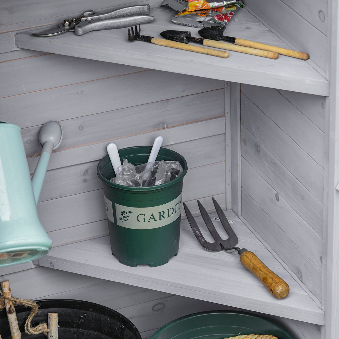 Wooden Garden Cabinet 3-Tier Storage Shed 2 Shelves Lockable Organizer with Hooks Foot Pad 74 x 55 x 155cm Light Grey