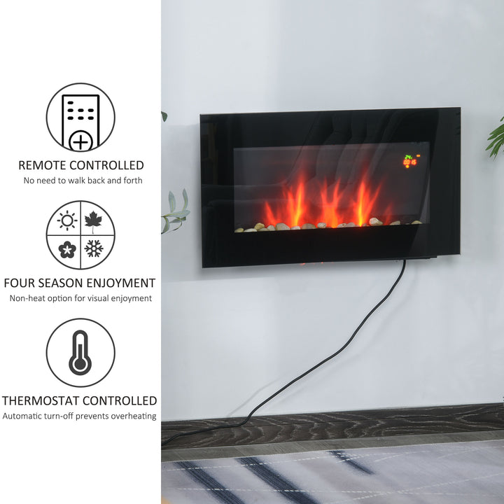 HOMCOM 1000W Wall Mounted Tempered Glass Electric Fireplace Heater Wall Fires Black