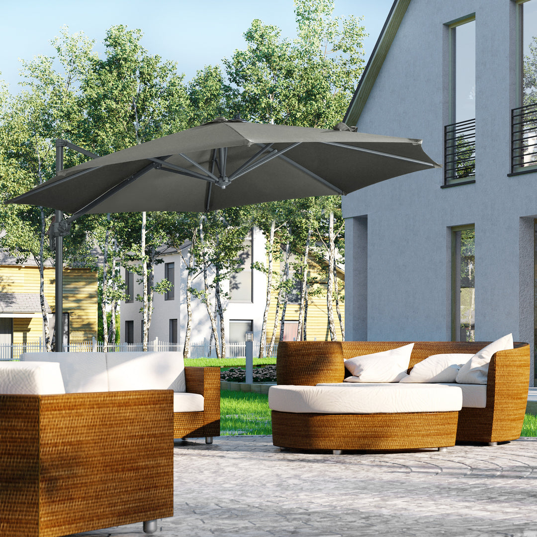 3 x 3(m) Cantilever Parasol with Cross Base, Garden Umbrella with 360° Rotation, Crank Handle and Tilt for Outdoor, Patio, Grey