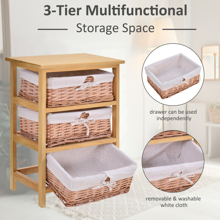 3 Drawer Dresser Wicker Basket Storage Shelf Unit Wooden Frame Home Organisation Cabinet Bedroom Office Furniture Natural Finish 58x40cm