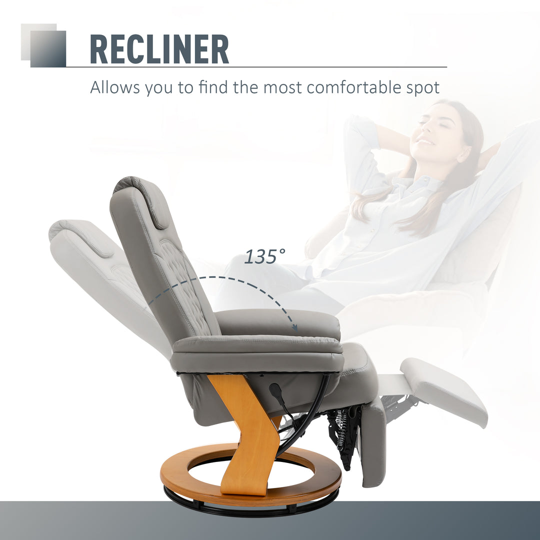 HOMCOM PU Recliner Chair with Footrest, Headrest, Round Wood Base, Lounge Reading Armchair for Living Room, Bedroom, Office, Grey
