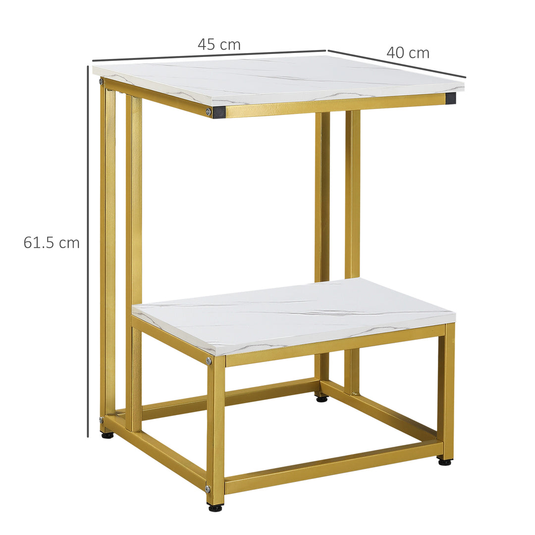 Side Table, Double Layer End Table, Modern Coffee Table with Steel Frame and Adjustable Non-Slip Feet for Living room, Bedroom, White